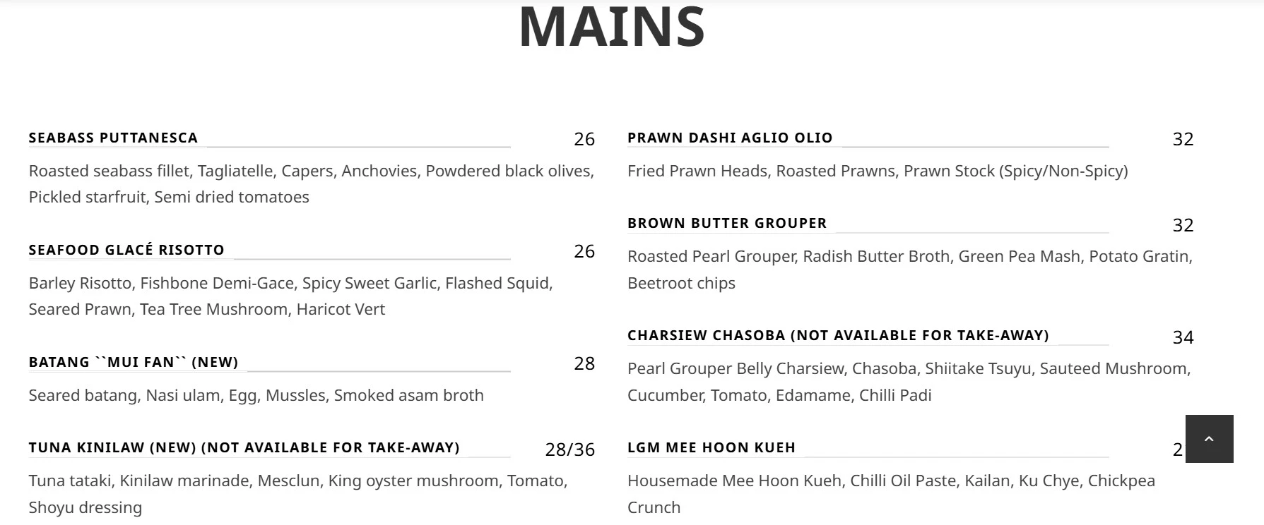 SCALED MAINS MENU PRICE