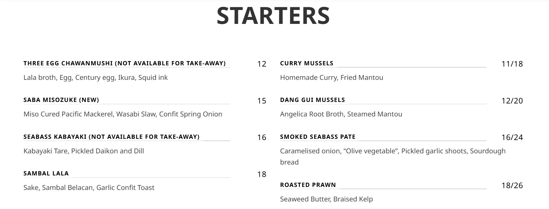 SCALED STARTERS MENU WITH PRICE