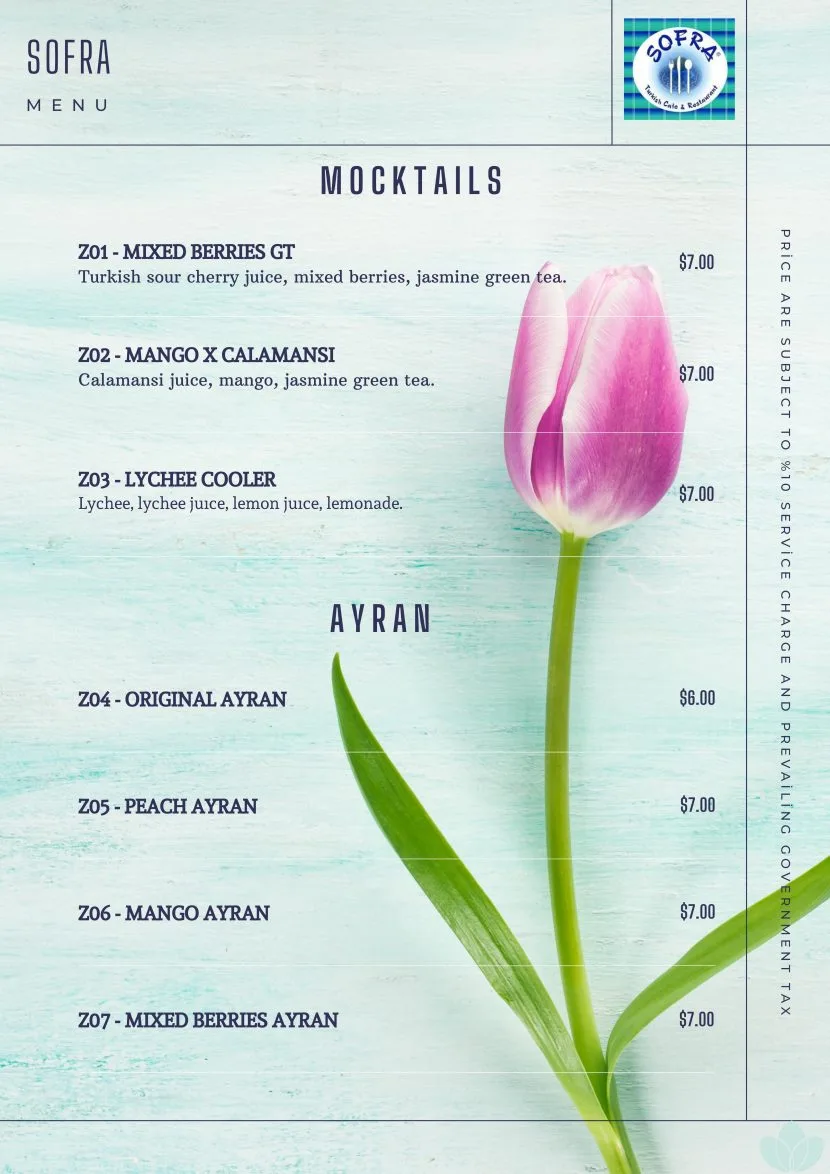 SOFRA BEVERAGES MENU PRICE