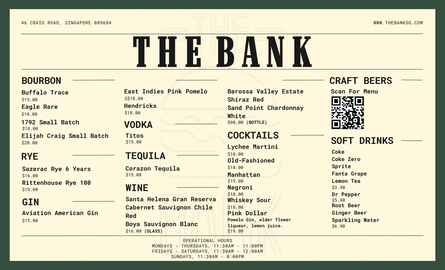 THE BANK ADD-ONS MENU PRICE