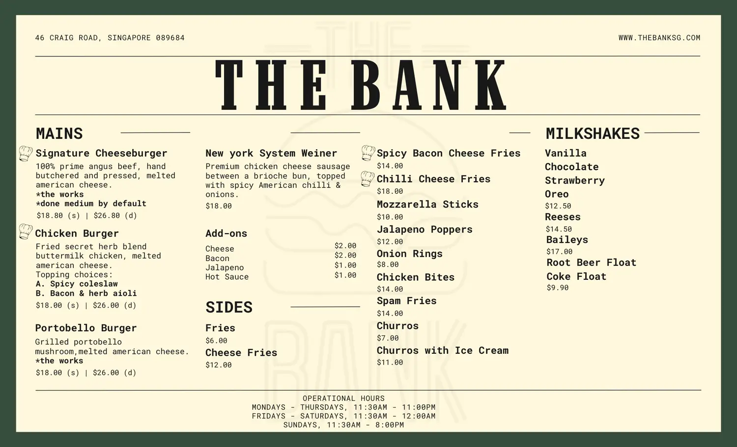 THE BANK MAINS MENU WITH PRICE