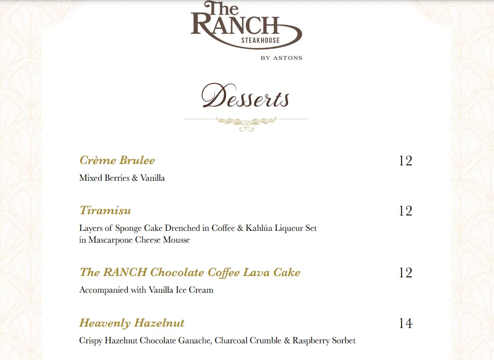 THE RANCH DESSERTS MENU PRICE