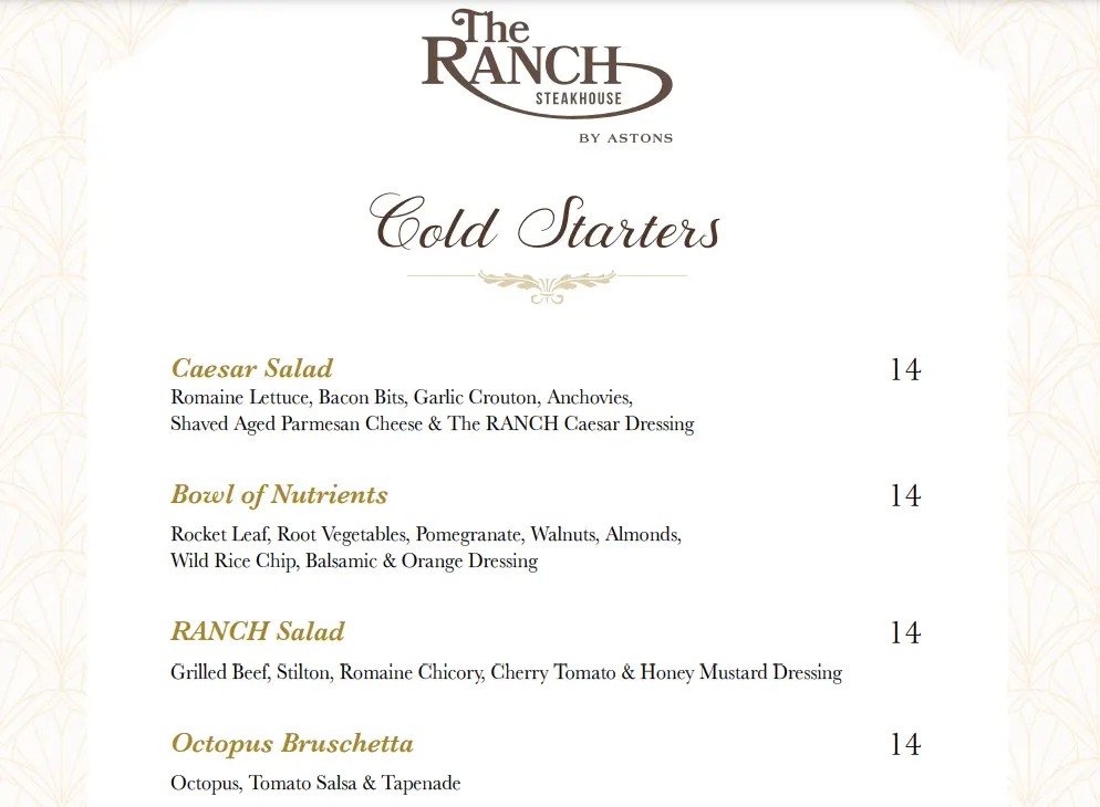 THE RANCH STARTERS MENU WITH PRICE