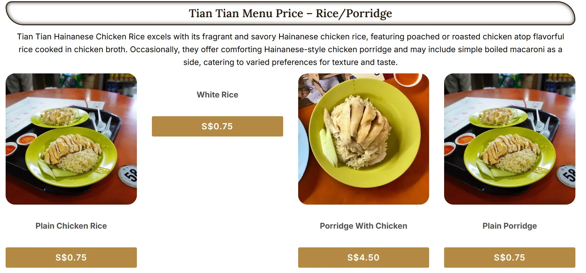 TIAN TIAN CHICKEN RICE SETS MENU WITH PRICE