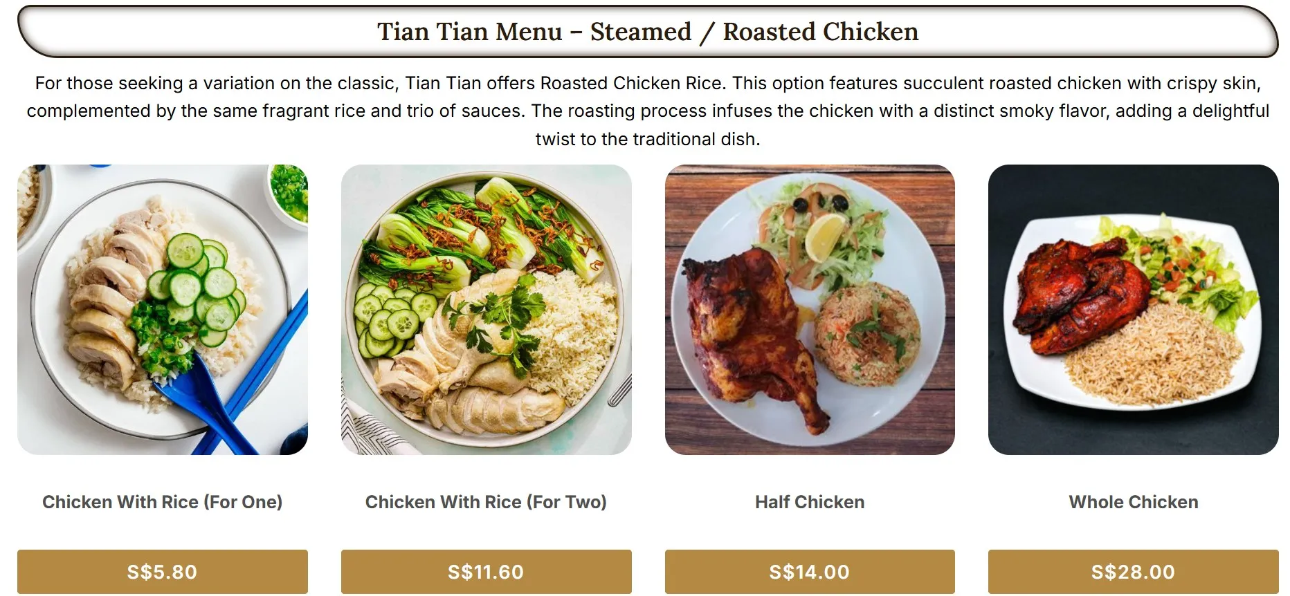 TIAN TIAN STEAMED & ROASTED CHICKEN MENU PRICE