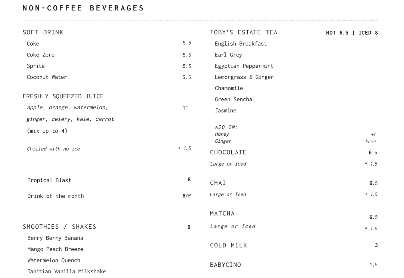 TOBY’S ESTATE BEVERAGES MENU PRICES SINGAPORE