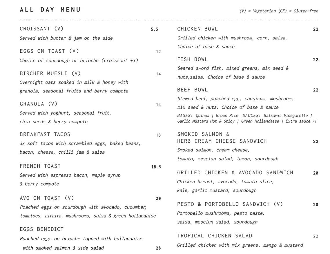 TOBY’S ESTATE BREAKFAST MENU WITH PRICES SINGAPORE