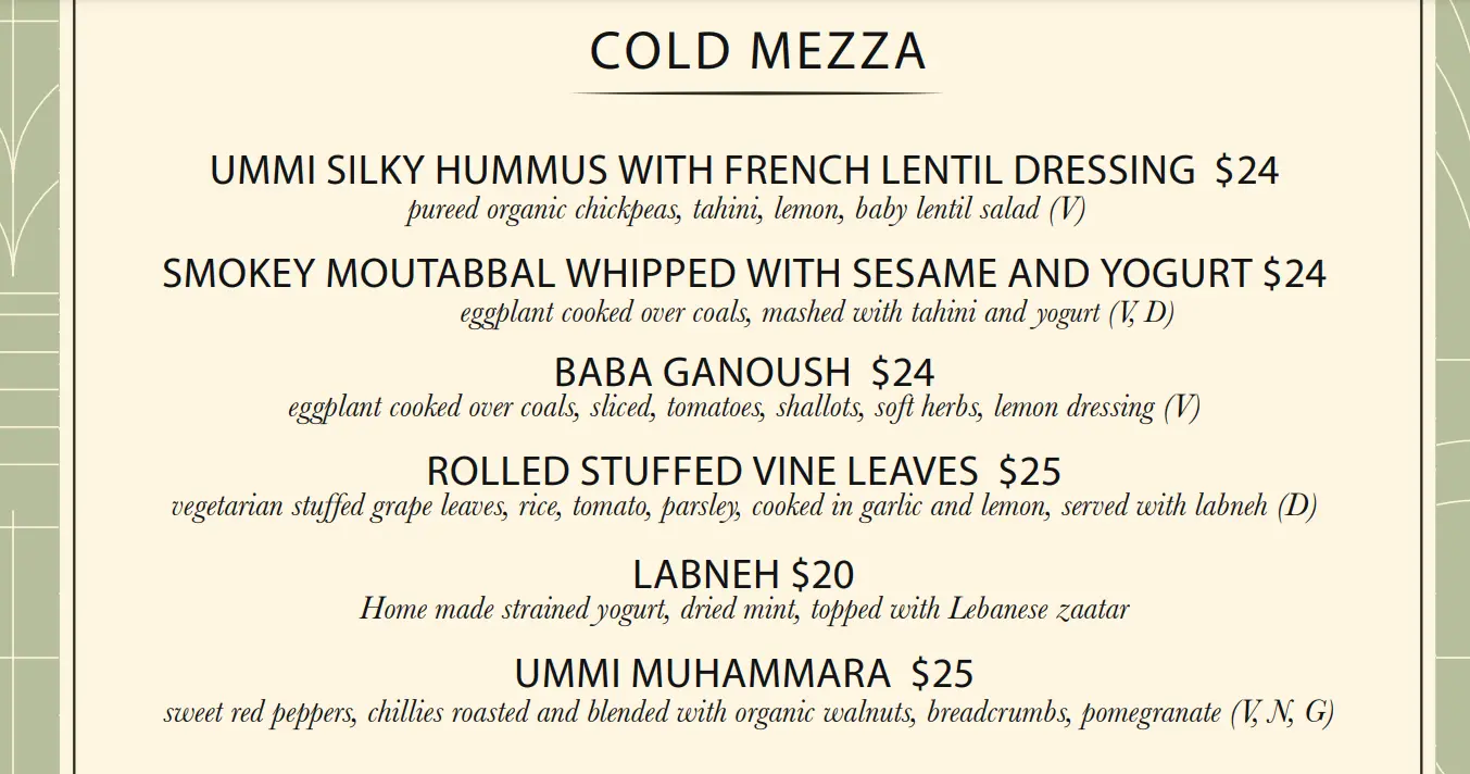 UMMI BEIRUT COLD MEZZA MENU WITH PRICE