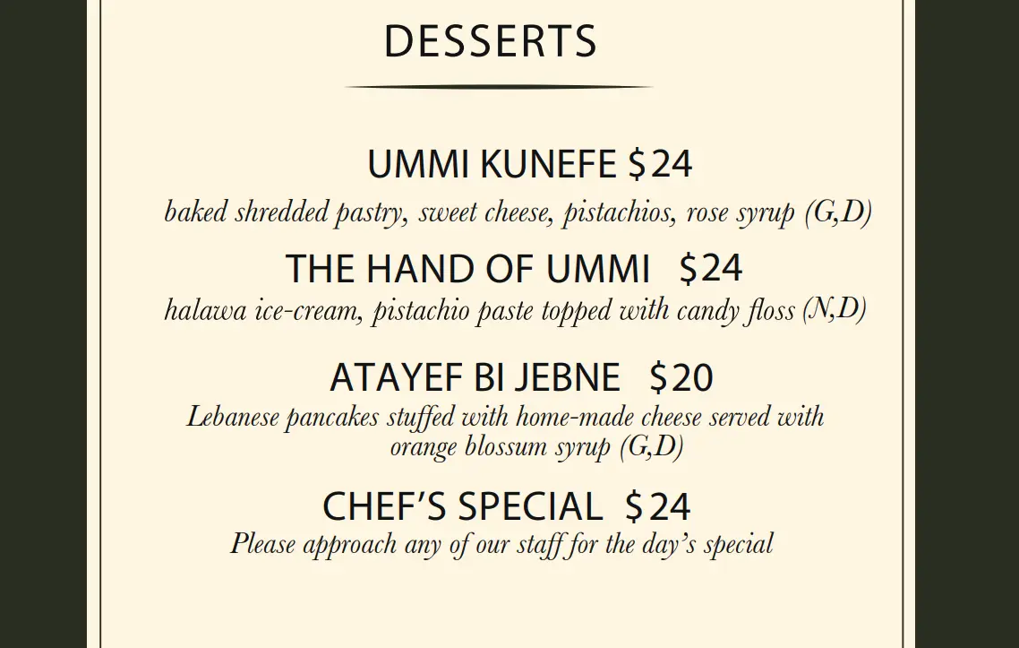 UMMI BEIRUT DESSERTS MENU PRICES SINGAPORE