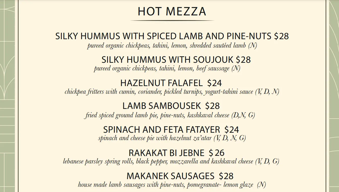 UMMI BEIRUT HOT MEZZA MENU PRICE