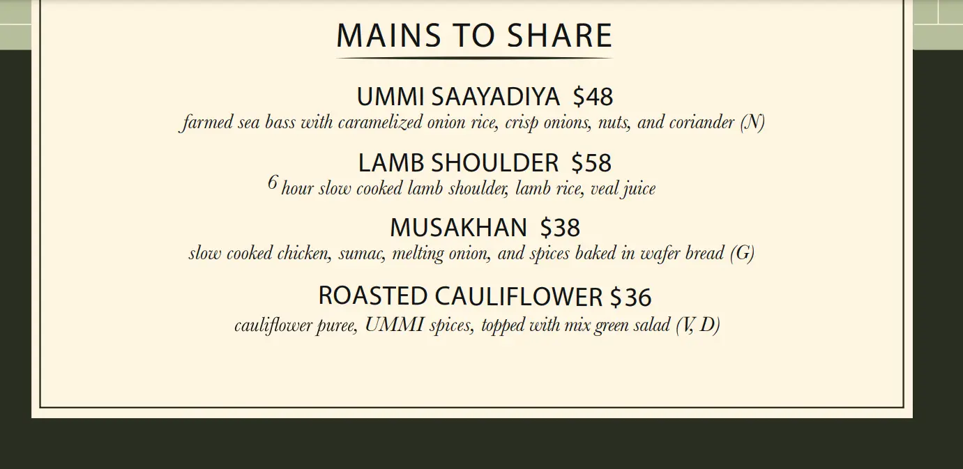 UMMI BEIRUT MAINS MENU PRICES SINGAPORE