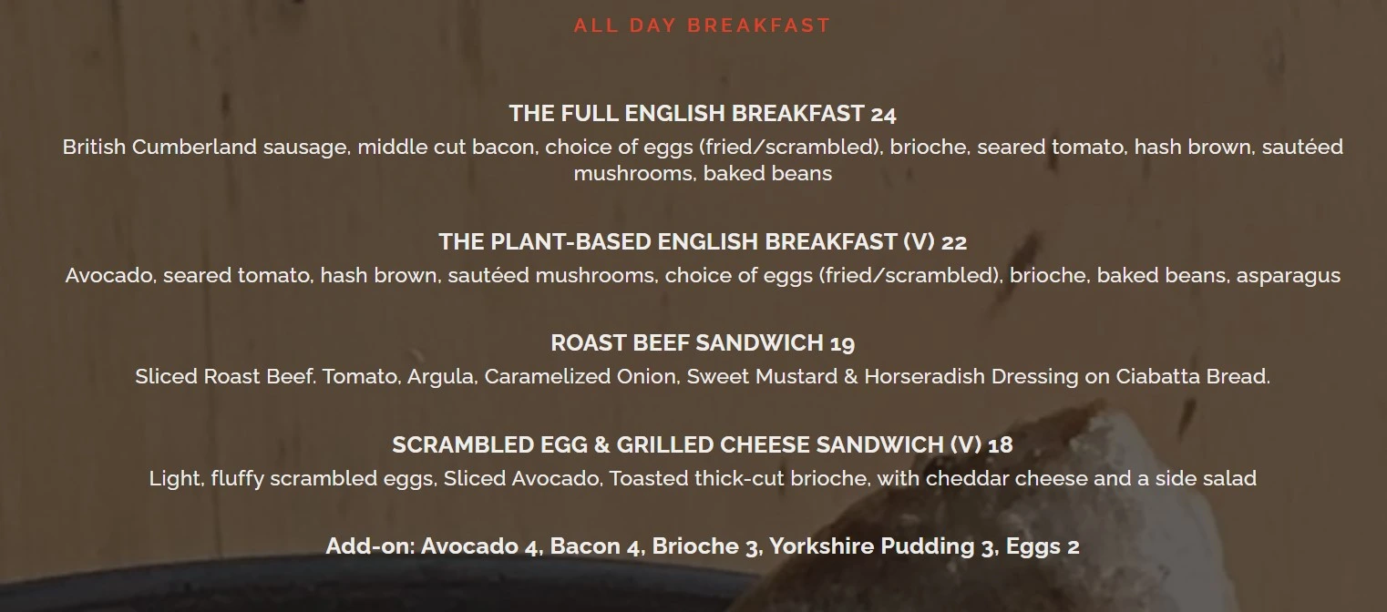 THE JOLLY ROGER BREAKFAST MENU WITH PRICE