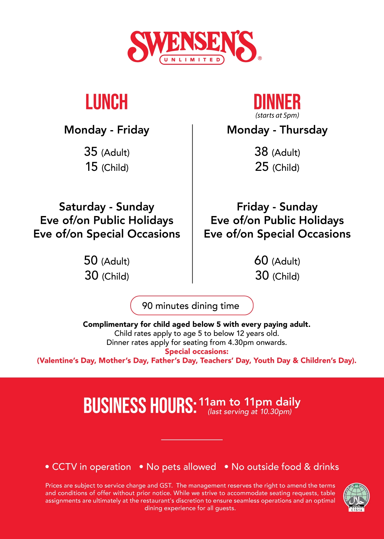 SWENSEN’S BUFFET TIMINGS