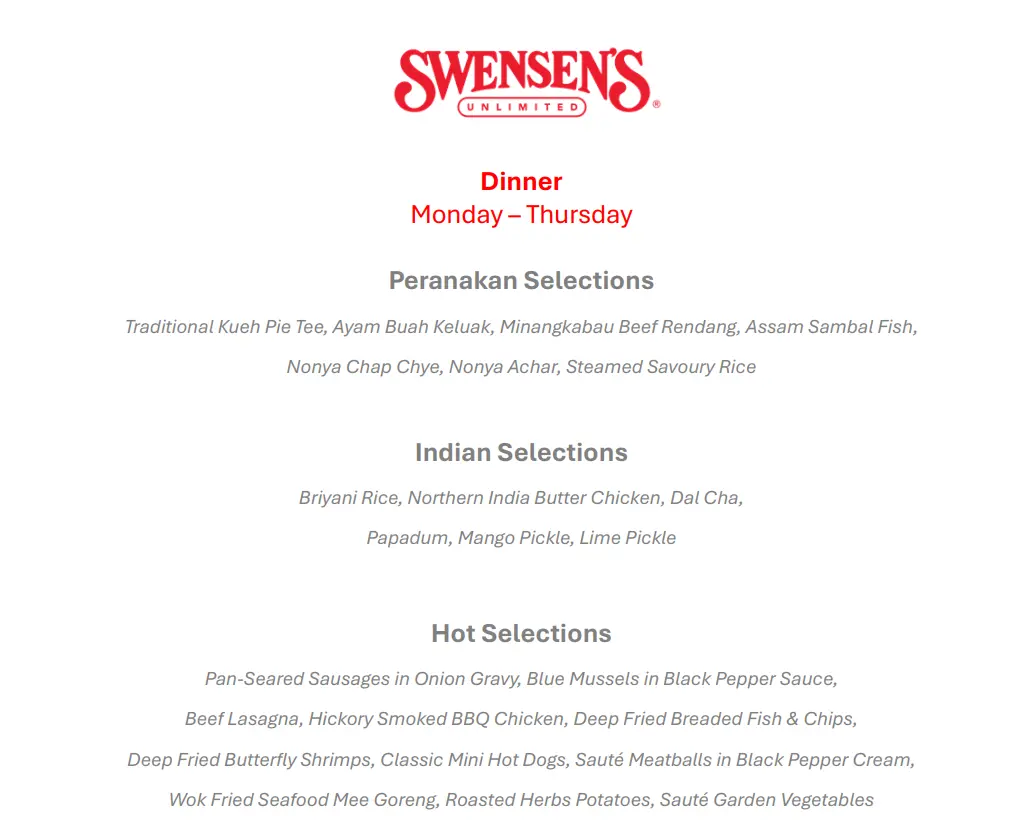 SWENSEN’S DINNER BUFFET MENU