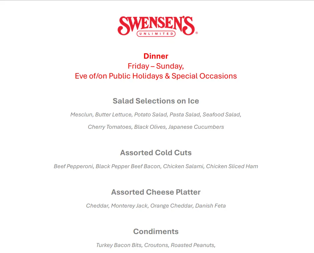 SWENSEN’S WEEKEND DINNER BUFFET MENU SINGAPORE